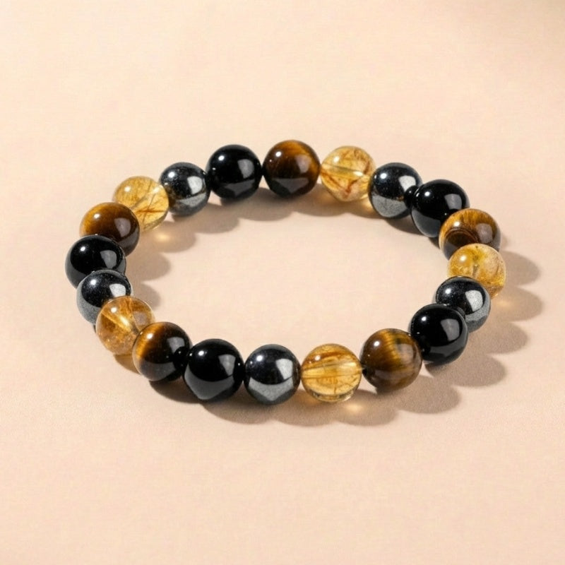 Exclusive: Buddha & Karma Quadruple Protection Bracelet - Tiger’s Eye, Obsidian, Hematite, Citrine