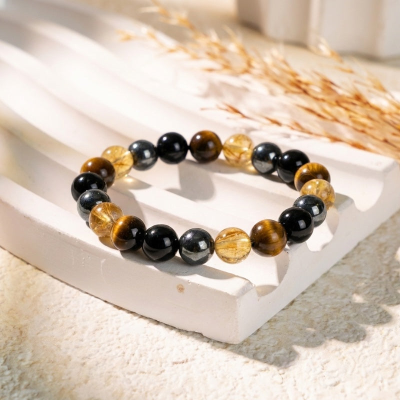 Exclusive: Buddha & Karma Quadruple Protection Bracelet - Tiger’s Eye, Obsidian, Hematite, Citrine