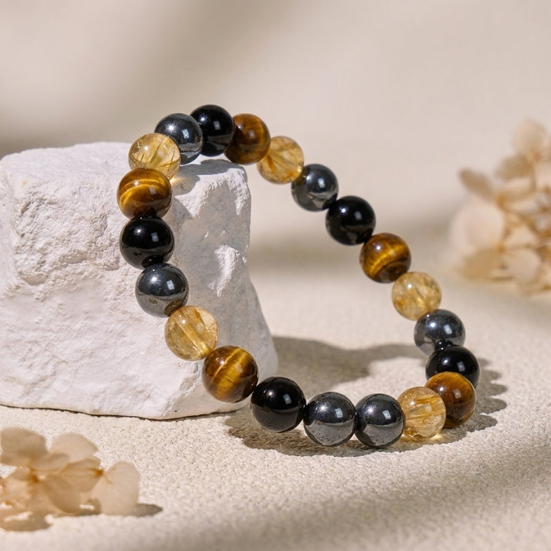 Exclusive: Buddha & Karma Quadruple Protection Bracelet - Tiger’s Eye, Obsidian, Hematite, Citrine