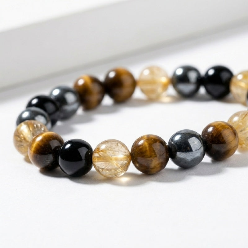 Exclusive: Buddha & Karma Quadruple Protection Bracelet - Tiger’s Eye, Obsidian, Hematite, Citrine
