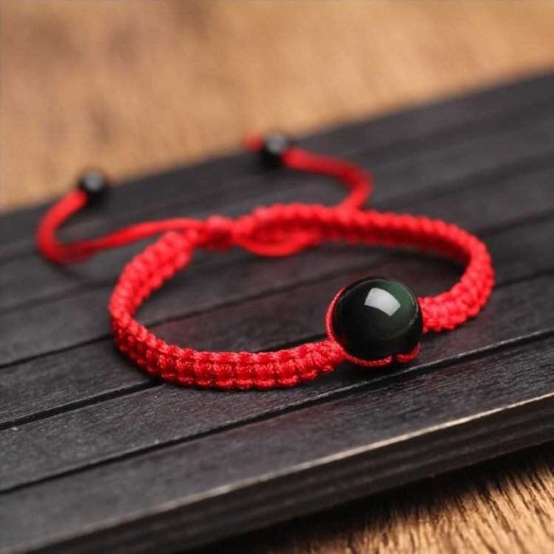 Exclusive: Buddha & Karma Red String Rainbow Obsidian Bracelet