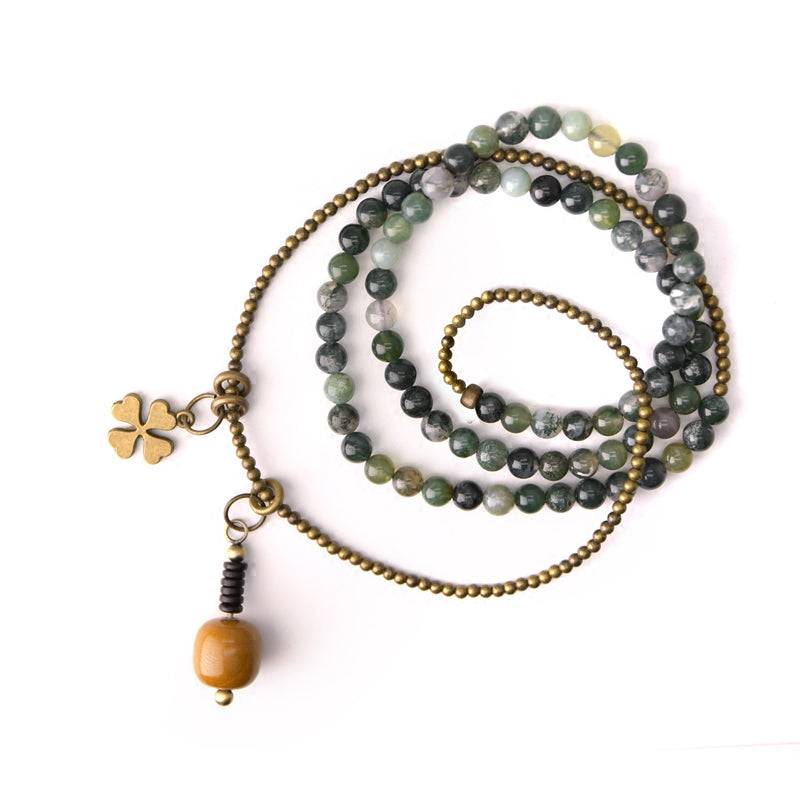 Vintage Multi-Layer Moss Agate & Yellow Jade Bead Bracelet – Buddhist Wrap Bracelet