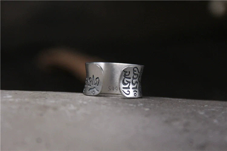 S999 Silver Matte Six-Character Mantra Retro Ring for Men and Women Open-Ring Design