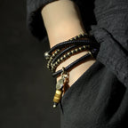 Ebony Wood Bracelet · Retro Brass & Wood Mix with Tiger Eye Pendant · Long Strand Wrap