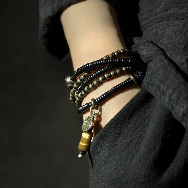 Ebony Wood Bracelet · Retro Brass & Wood Mix with Tiger Eye Pendant · Long Strand Wrap