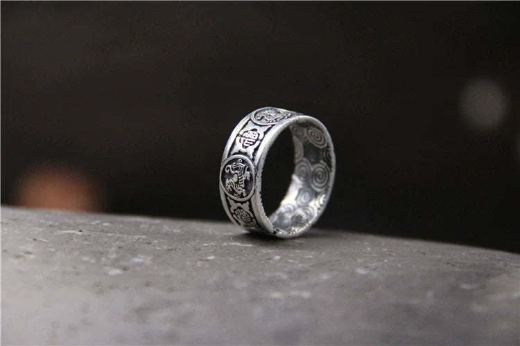 Buddha3bodhi Handmade Sliver Ring Retro and Old Lucky Character Four Divine Beast Ring