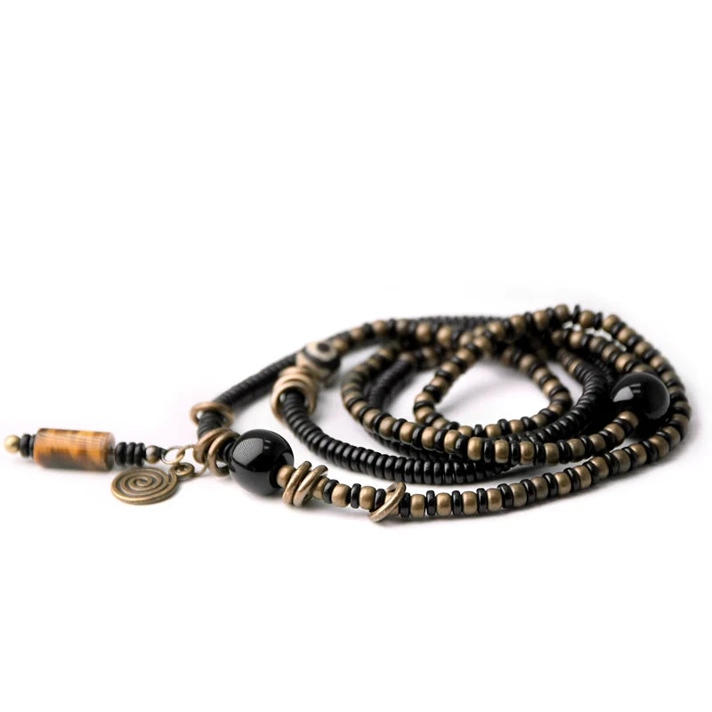 Ebony Wood Bracelet · Retro Brass & Wood Mix with Tiger Eye Pendant · Long Strand Wrap