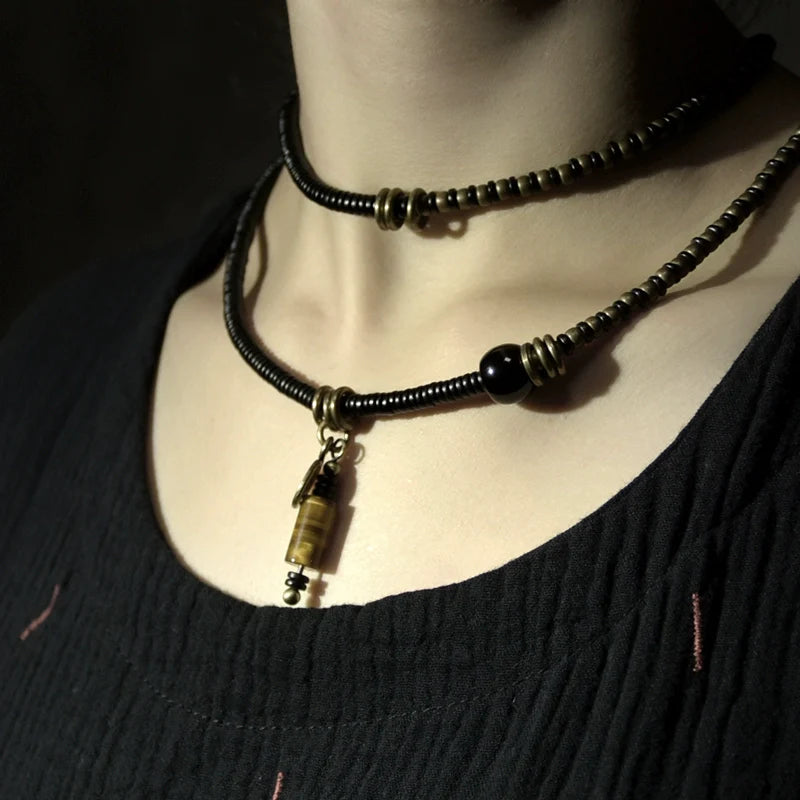 Ebony Wood Bracelet · Retro Brass & Wood Mix with Tiger Eye Pendant · Long Strand Wrap