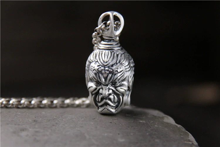 S999 Sterling Silver Necklace Double-Sided Buddha and Demon Pendant