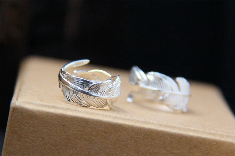 S925 Sterling Silver Handmade Adjustable Feather Ring – Open Band Couple Ring