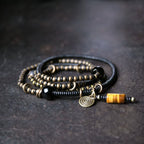 Ebony Wood Bracelet · Retro Brass & Wood Mix with Tiger Eye Pendant · Long Strand Wrap