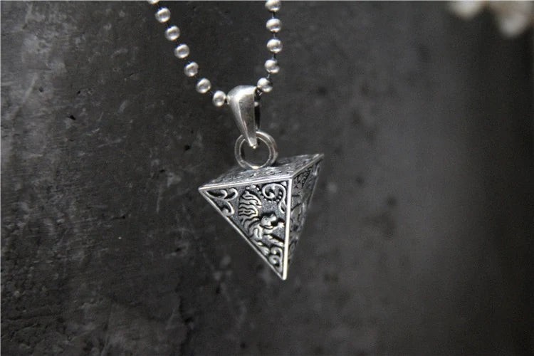 925 Sterling Silver Four Mythical Beasts Pyramid Pendant for Men