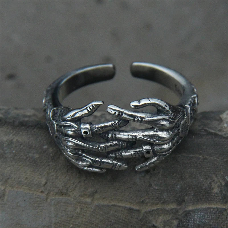 S925 Sterling Silver Adjustable Skeleton Hand Ring Vintage Tail Ring