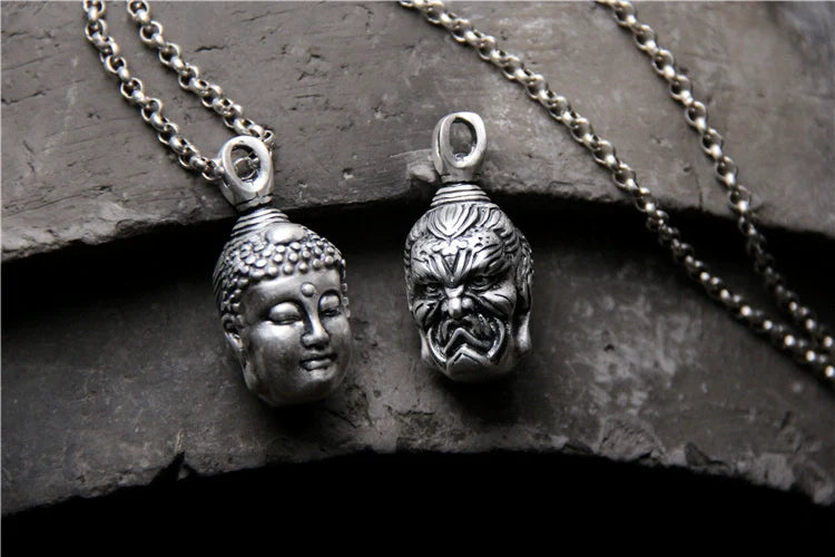 S999 Sterling Silver Necklace Double-Sided Buddha and Demon Pendant