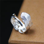 S925 Sterling Silver Handmade Adjustable Feather Ring – Open Band Couple Ring