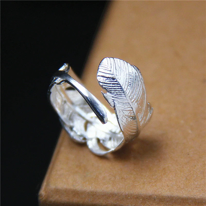 S925 Sterling Silver Handmade Adjustable Feather Ring – Open Band Couple Ring