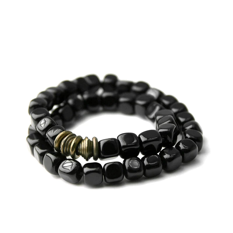 Tibetan Double-Layer Obsidian Square Bead Bracelet – Vintage Style for Men & Women