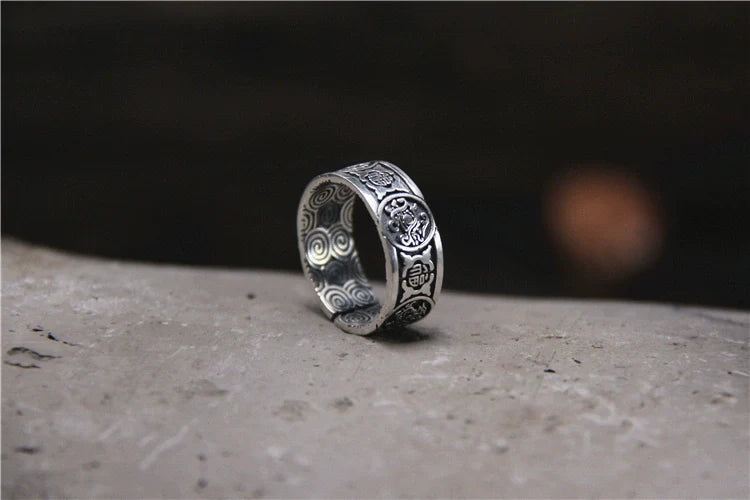 Buddha3bodhi Handmade Sliver Ring Retro and Old Lucky Character Four Divine Beast Ring