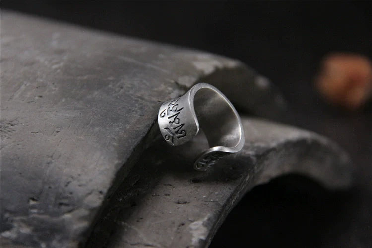 S999 Silver Matte Six-Character Mantra Retro Ring for Men and Women Open-Ring Design