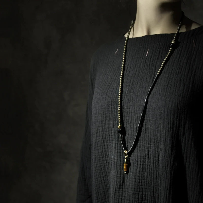 Ebony Wood Bracelet · Retro Brass & Wood Mix with Tiger Eye Pendant · Long Strand Wrap