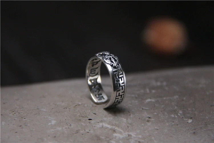 S925 Sterling Silver Six-Character Mantra Vajra Pestle Ring, Adjustable Opening