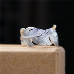 S925 Sterling Silver Handmade Adjustable Feather Ring – Open Band Couple Ring