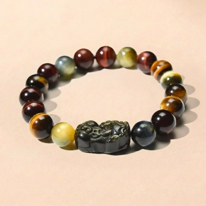 Exclusive: Buddha & Karma Tri-Color Tiger’s Eye Pixiu Wealth Bracelet