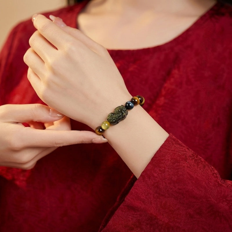 Exclusive: Buddha & Karma Tri-Color Tiger’s Eye Pixiu Wealth Bracelet