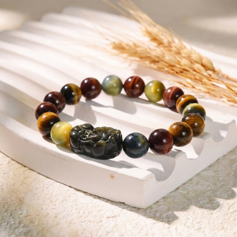 Exclusive: Buddha & Karma Tri-Color Tiger’s Eye Pixiu Wealth Bracelet
