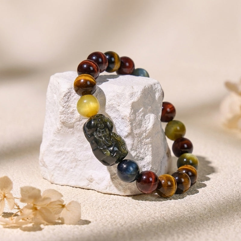 Exclusive: Buddha & Karma Tri-Color Tiger’s Eye Pixiu Wealth Bracelet