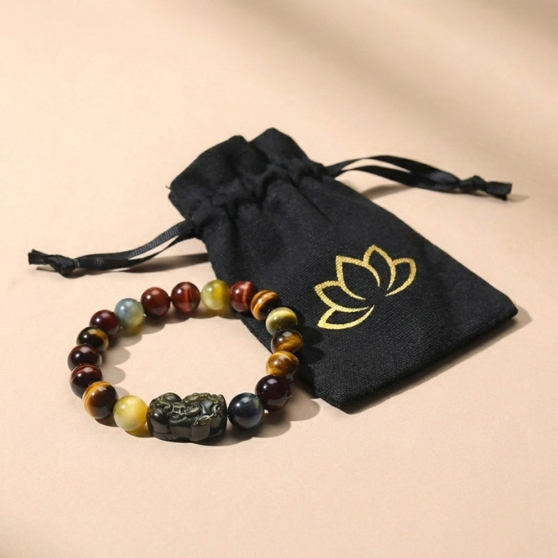 Exclusive: Buddha & Karma Tri-Color Tiger’s Eye Pixiu Wealth Bracelet
