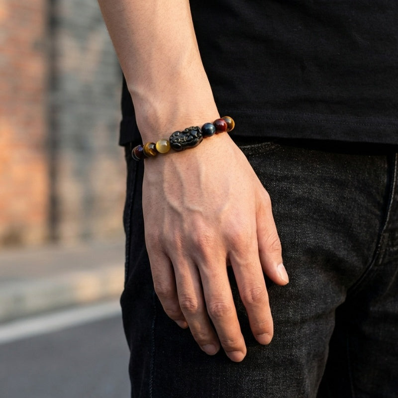 Exclusive: Buddha & Karma Tri-Color Tiger’s Eye Pixiu Wealth Bracelet