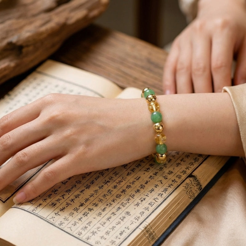 Exclusive: Buddha & Karma Triple Luck Bracelet - Green Aventurine, Hematite, Yellow Topaz