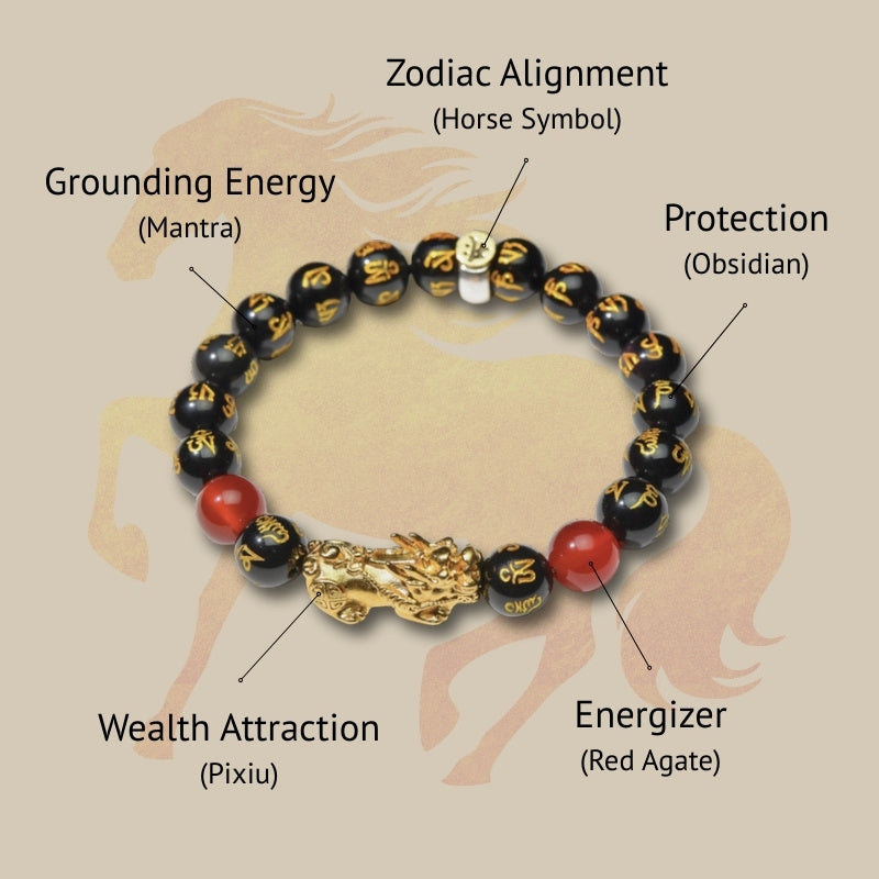 Buddha & Karma Year of the Fire Horse Wealth Bracelet - Black Obsidian Red Agate Pixiu Bracelet