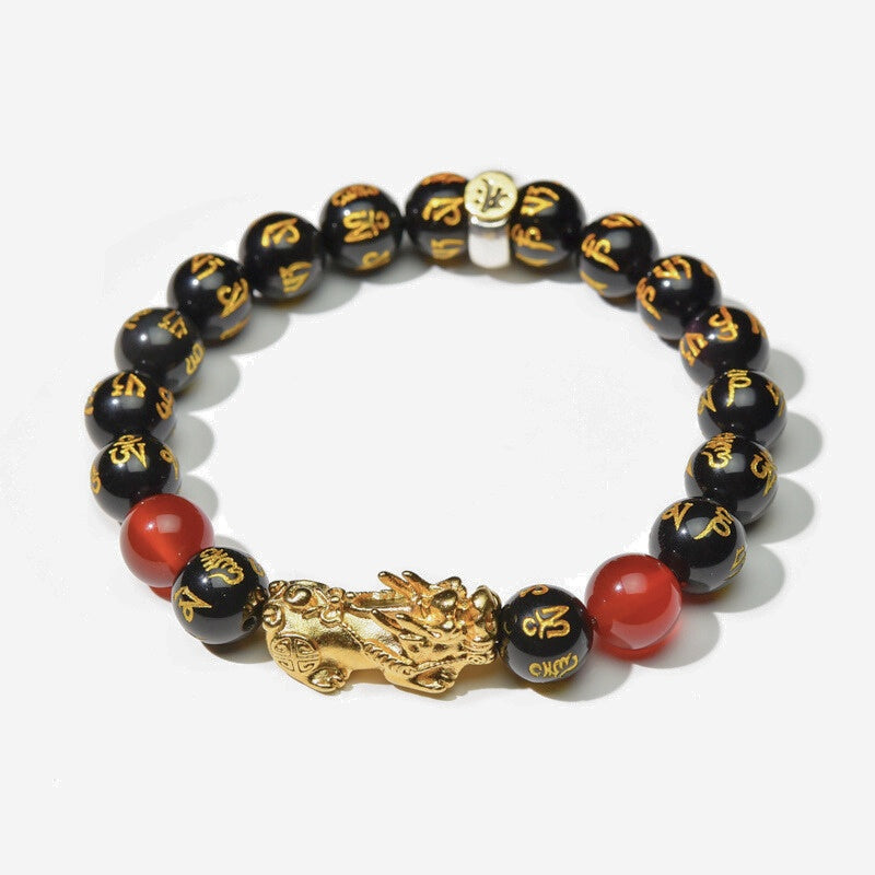 Buddha & Karma Year of the Fire Horse Wealth Bracelet - Black Obsidian Red Agate Pixiu Bracelet