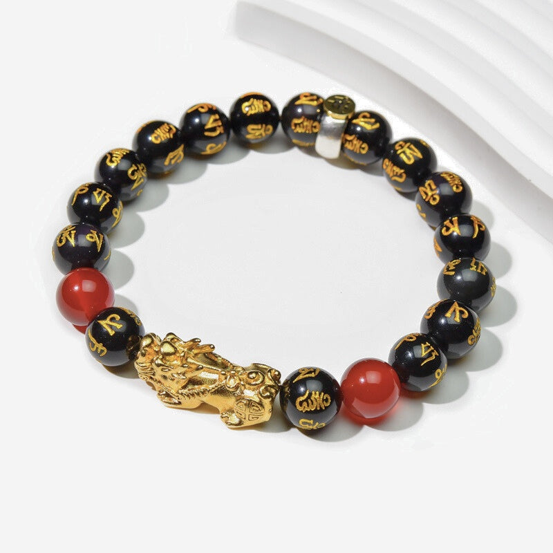 Buddha & Karma Year of the Fire Horse Wealth Bracelet - Black Obsidian Red Agate Pixiu Bracelet