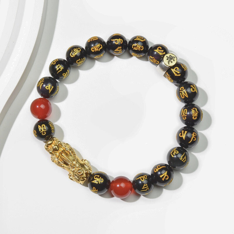 Buddha & Karma Year of the Fire Horse Wealth Bracelet - Black Obsidian Red Agate Pixiu Bracelet