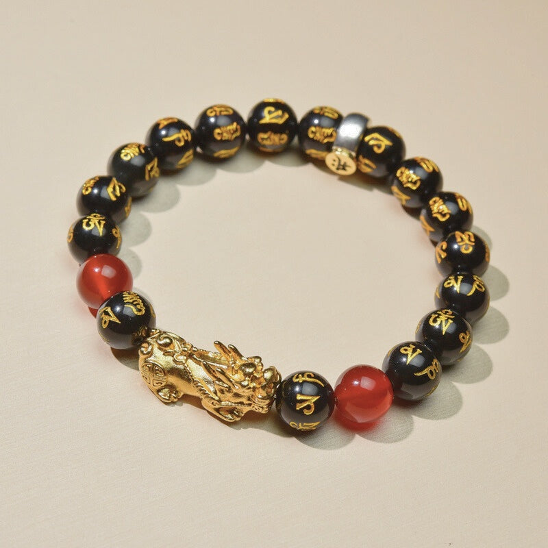 Buddha & Karma Year of the Fire Horse Wealth Bracelet - Black Obsidian Red Agate Pixiu Bracelet