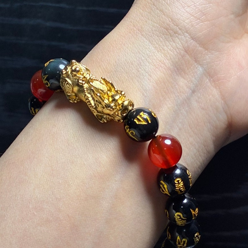 Buddha & Karma Year of the Fire Horse Wealth Bracelet - Black Obsidian Red Agate Pixiu Bracelet