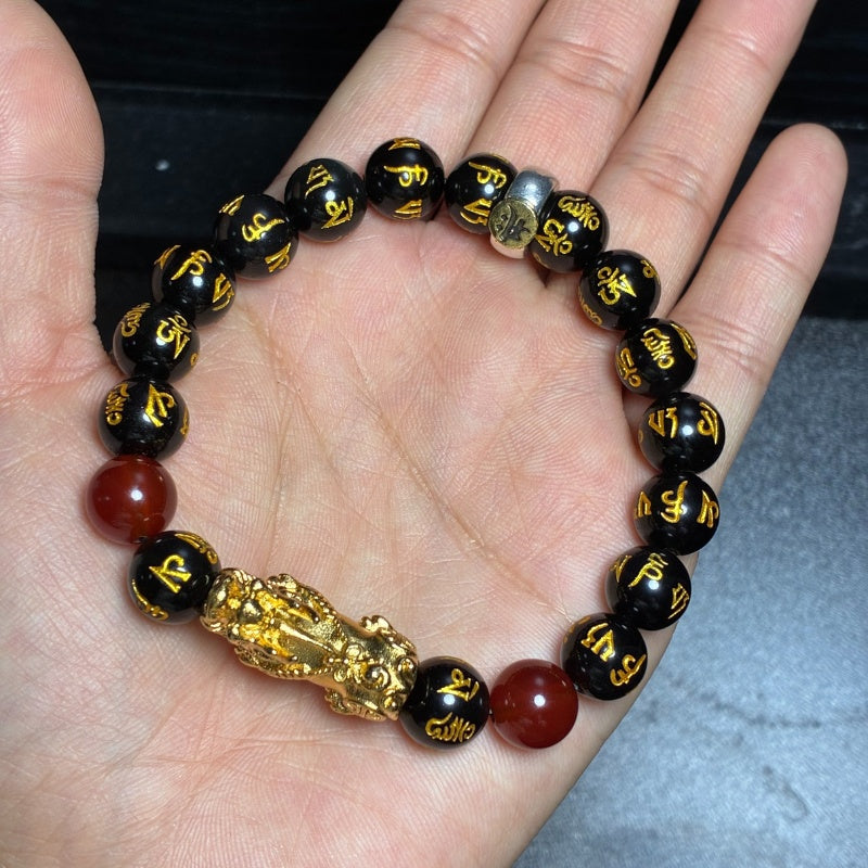 Buddha & Karma Year of the Fire Horse Wealth Bracelet - Black Obsidian Red Agate Pixiu Bracelet