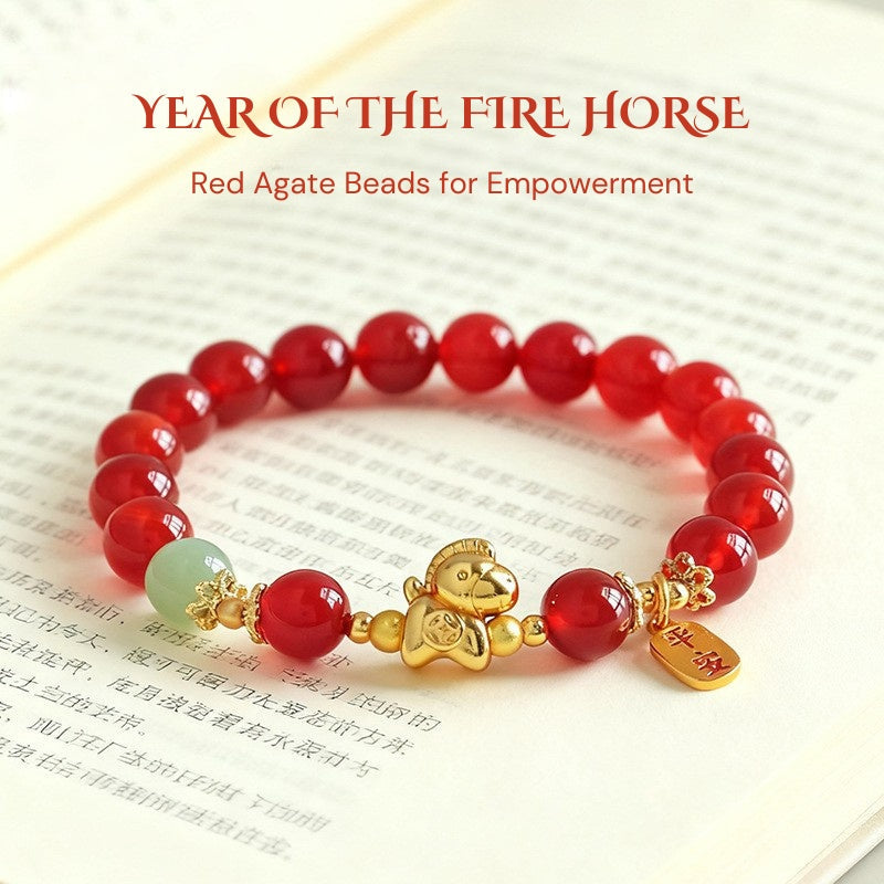 Buddha & Karma Year of the Fire Horse Bracelet - Black Obsidian, Red Agate