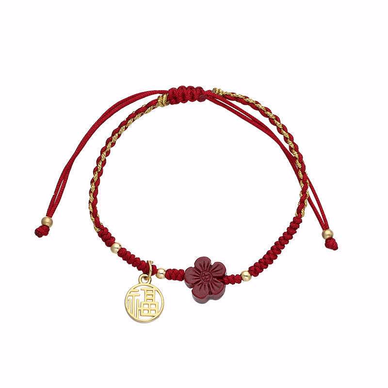 Fortune Jewel Cinnabar Flower Fu Character Blessing Braided String Bracelet