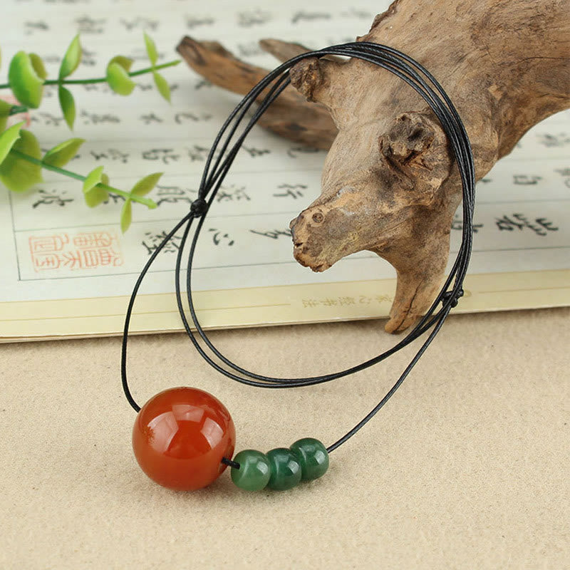 Fortune Jewel Red Agate Green Aventurine Green Bodhi Seed Bead Calm Leather Rope Necklace Pendant