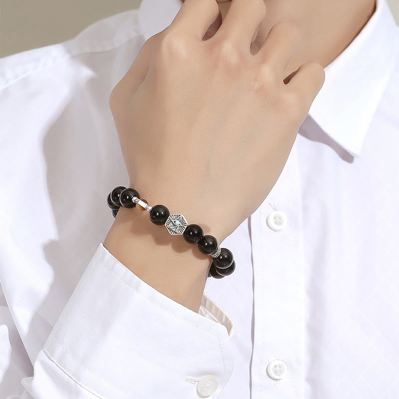 Fortune Jewel 925 Sterling Silver Black Obsidian Tiger Eye Eye of Providence Purification Bracelet
