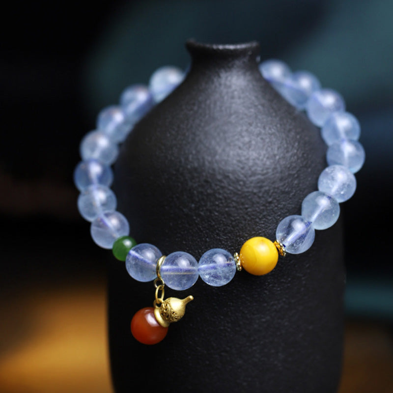 Fortune Jewel Aquamarine Red Agate Peace Gourd Charm Bracelet