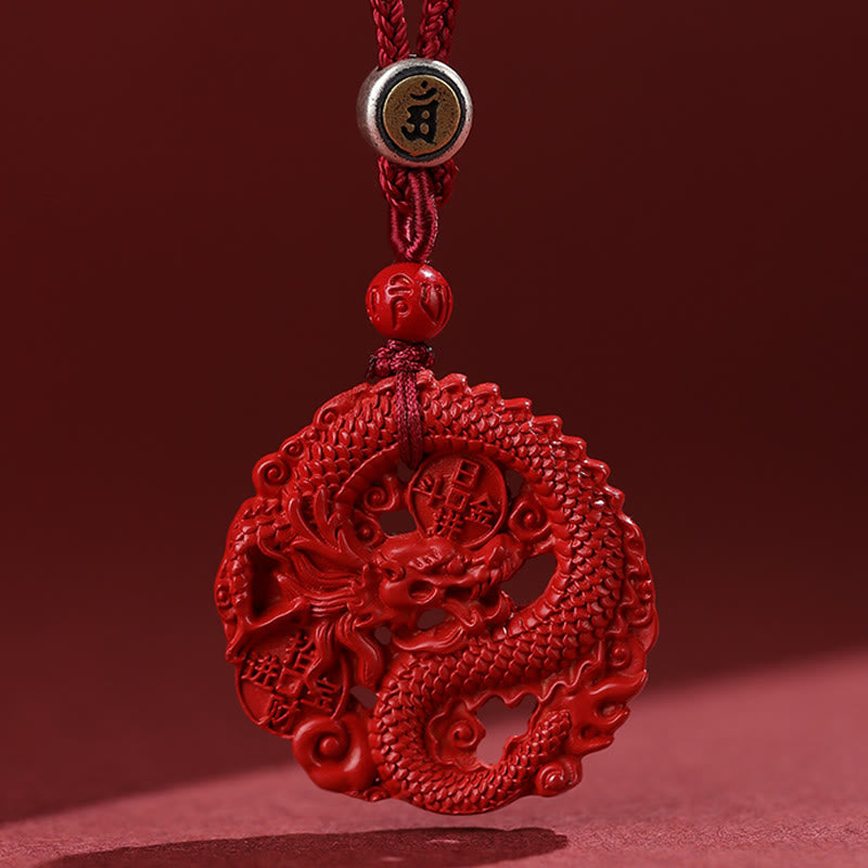 Fortune Jewel Year of the Dragon 925 Sterling Silver Natural Cinnabar Copper Coin Luck Necklace Pendant