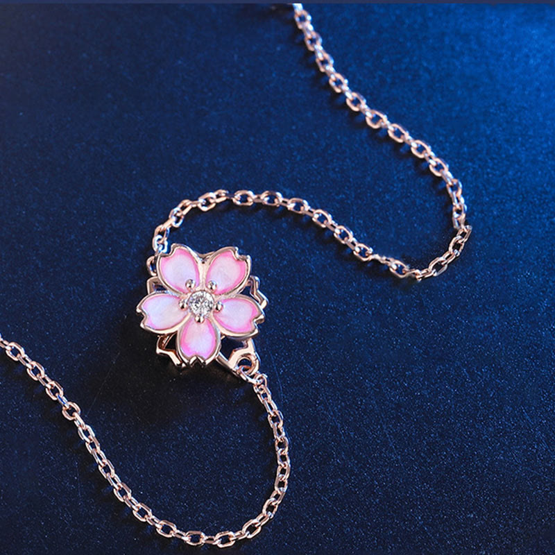 Fortune Jewel 925 Sterling Silver Cherry Blossom Blessing Chain Bracelet Rotatable Ring