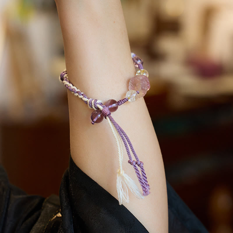 Fortune Jewel Natural Fluorite Amethyst Silver Sheen Obsidian Tiger's Eye Protection Rope Bracelet