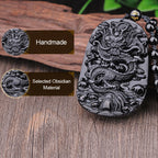 Fortune Jewel Black Obsidian Stone Dragon Fulfilment Pendant Necklace
