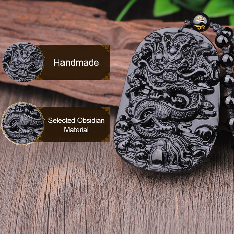 Fortune Jewel Black Obsidian Stone Dragon Fulfilment Pendant Necklace